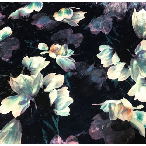 Midnight Magnolia Floral - Stretch Polyester Velvet Fabric - Remnant 21"x70"