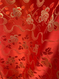Red & Gold Ribbon Roses - Faux Silk Brocade Fabric