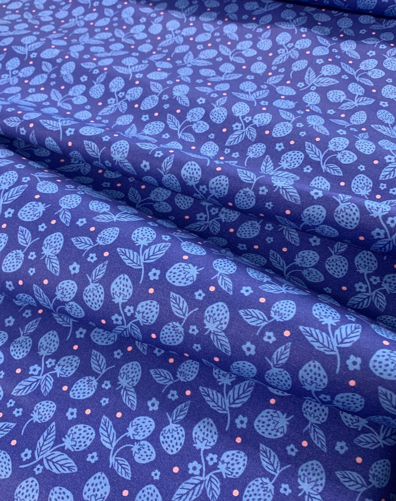 Dark Blue Strawberries - Berries & Blossoms - Paintbrush Studio Cotton Fabric