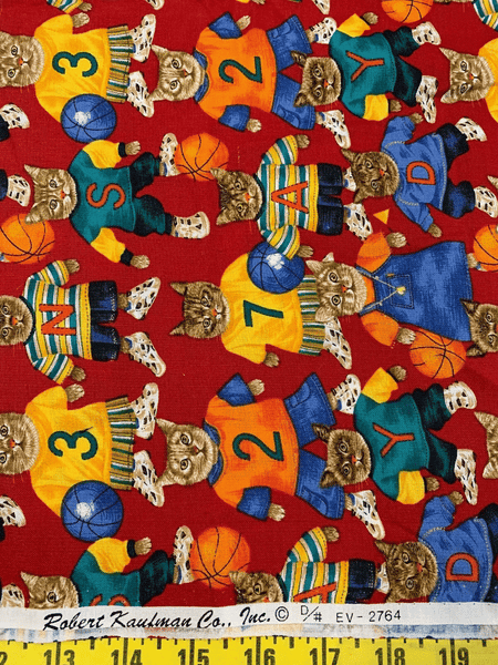 Red Basketball Cats Cotton Fabric Vintage 90's OOP Robert Kaufman