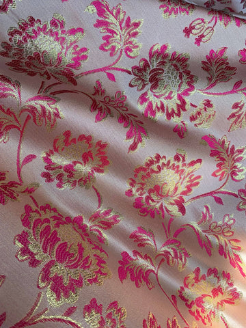 Champagne, Pink & Gold Floral - Faux Silk Brocade Jacquard Fabric