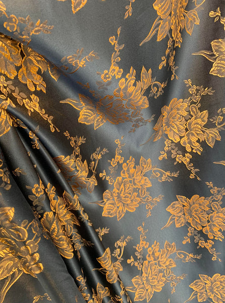 Black & Copper Roses - Faux Silk Brocade Jacquard Fabric – Prism