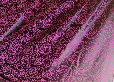 Black & Fuchsia Pink Roses Floral - Faux Silk Brocade Jacquard Fabric