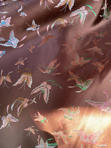 Chocolate Brown with Butterflies - Faux Silk Brocade Jacquard Fabric