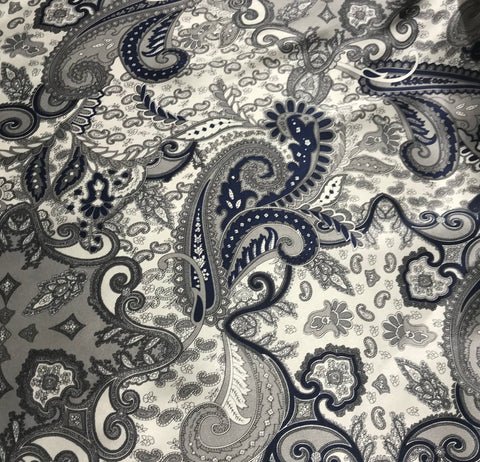 Navy & Silver Paisley - Silk Charmeuse Fabric