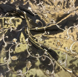 Chenille Embroidered Buds & Vines on Bronze - Faux Silk Taffeta Fabric