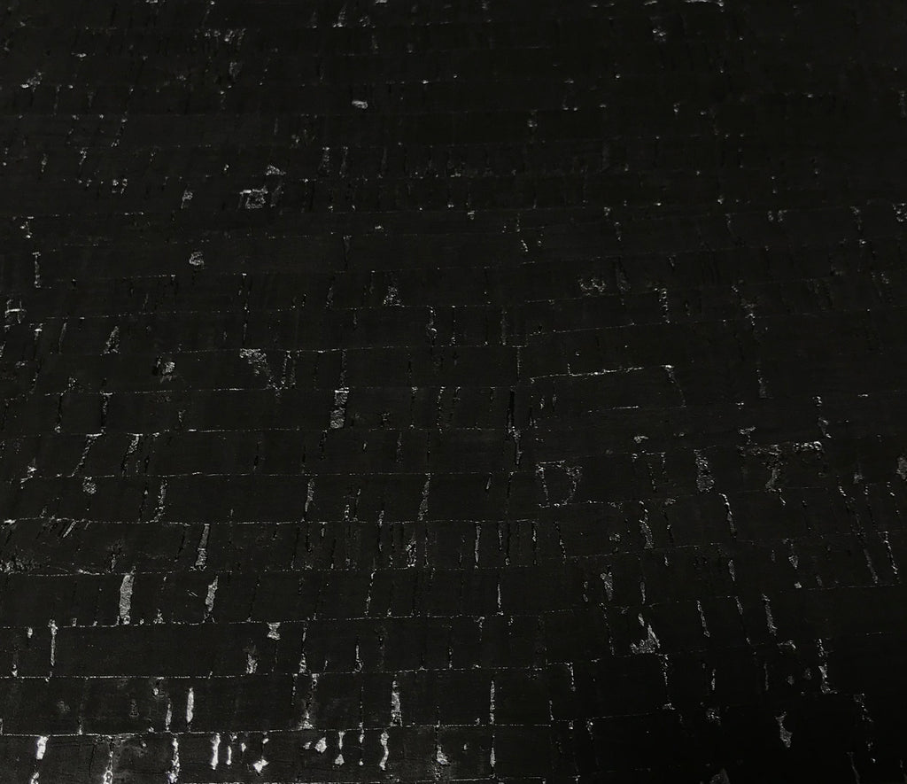 Cork Fabric - Metallic Silver on Black