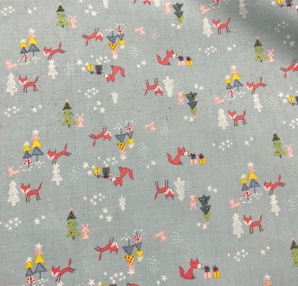 Winter Tales Foxes, Rabbits, and Presents Aqua - Riley Blake Cotton Fabric