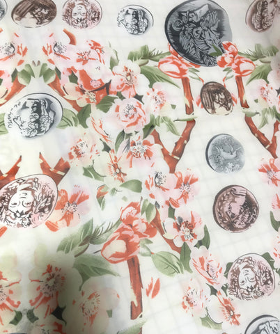 Floral & Coins on White - Polyester Chiffon Fabric