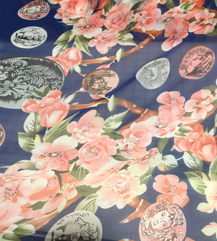 Blue Floral & Coins - Polyester Chiffon Fabric