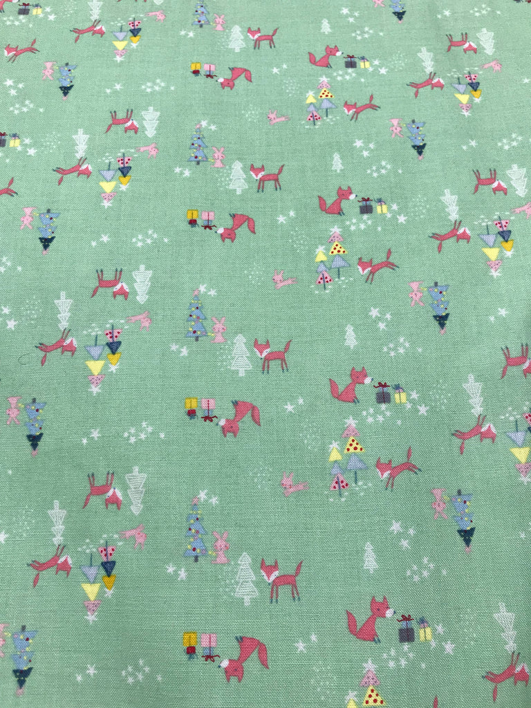 Winter Tales Foxes, Rabbits, and Presents Green - Riley Blake Cotton Fabric