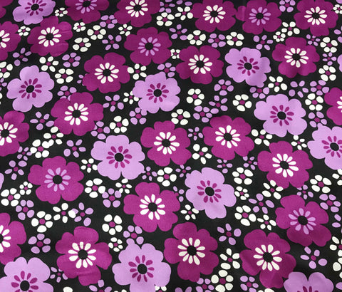 Purple Flowers on Black - Silk Charmeuse