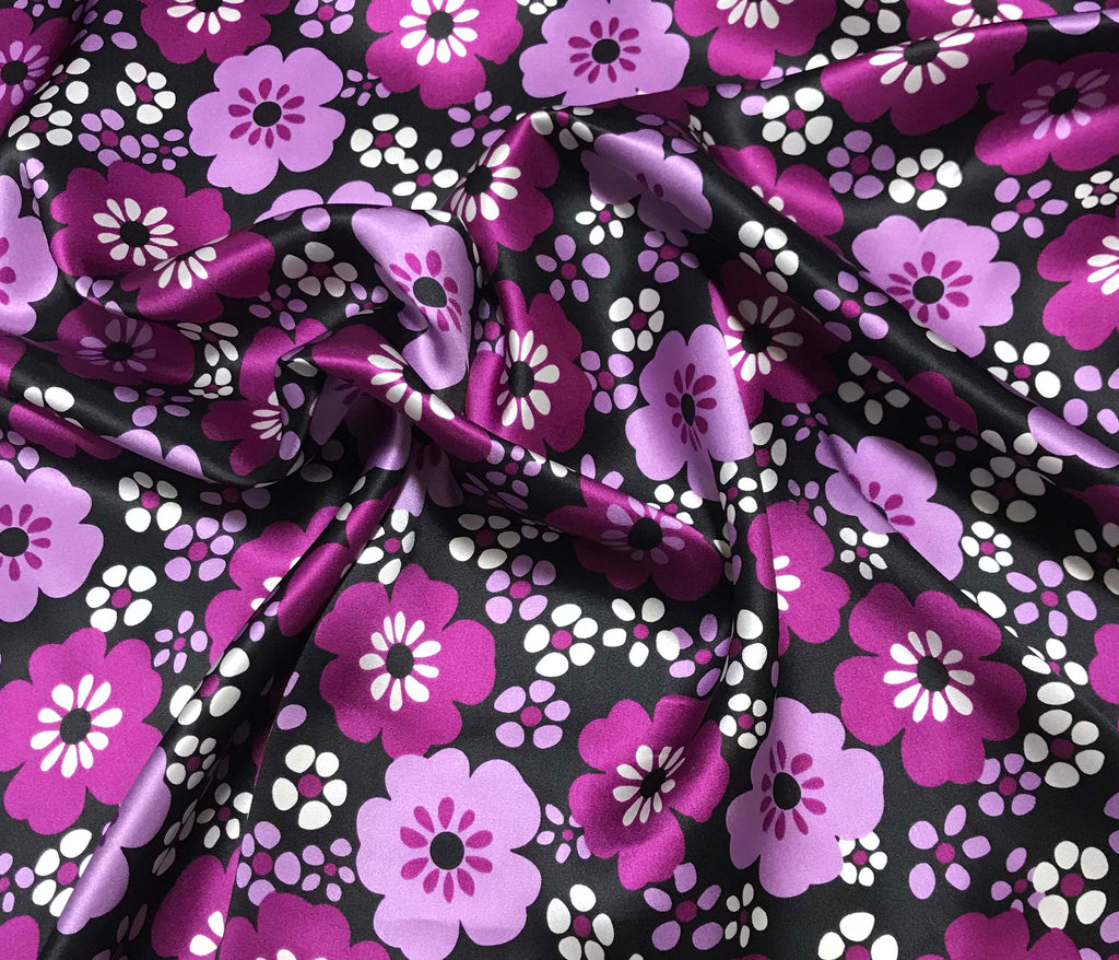 Purple Flowers on Black - Silk Charmeuse