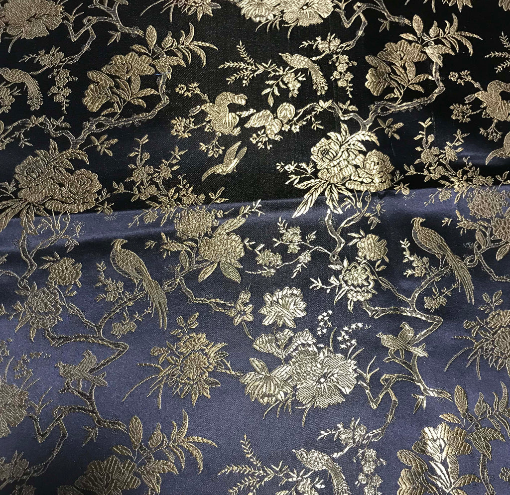Black & Gold Birds Floral - Faux Silk Brocade Fabric