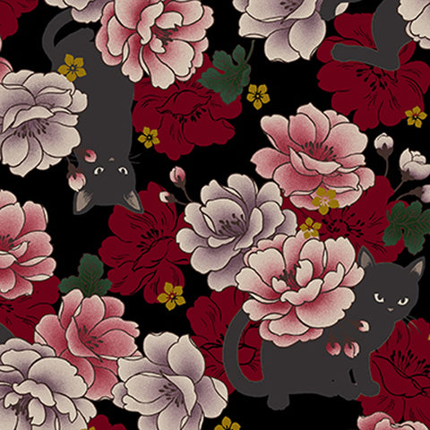 Japan Neko Metallic Cats & Flowers Burgundy Red - Quilt Gate Cotton Sheeting Fabric - 39"x45" Remnant