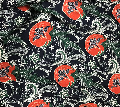 Orange Navy & Green Floral Medallion Paisley - Crepe Fabric