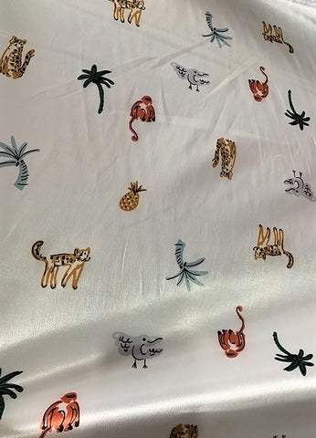 Animals & Plants on White - Faux Silk Charmeuse Satin Fabric