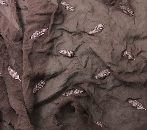 Mahogany - Hand Dyed Embroidered Leaves Silk Chiffon