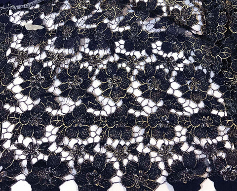Navy Blue & Metallic Gold Floral Lace Fabric