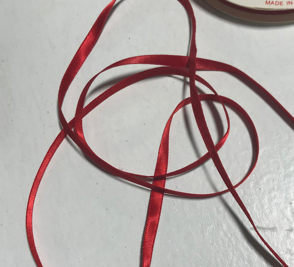 Scarlet Red 1/4" Vintage Grayblock Double Faced Satin Ribbon