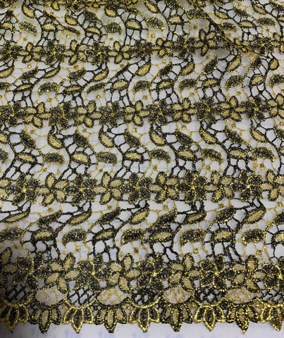 Black & Gold Flowers and Leaves - Schiffli Lace Fabric