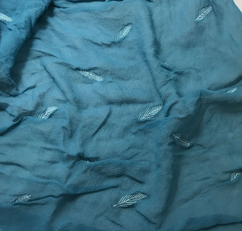 Teal Blue - Hand Dyed Embroidered Leaves Silk Chiffon
