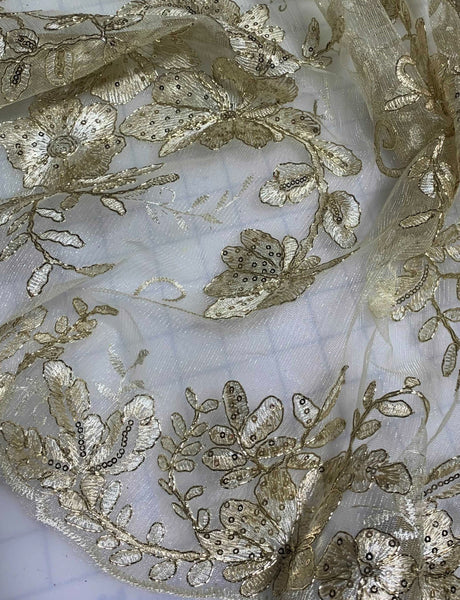 Pale Gold Floral Sequin Embroidered Tulle Lace Fabric – Prism Fabrics &  Crafts