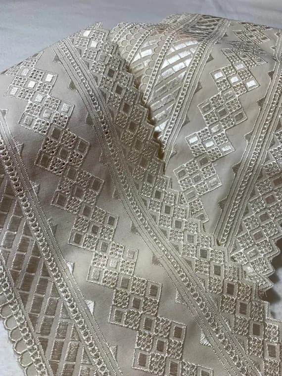 ivory none - Vintage 5.25" Wide Cotton Trim - Ivory Embroidered Diamonds