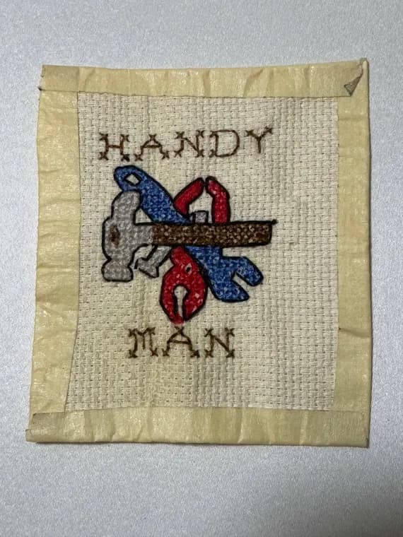 fabric - Vintage Finished Mini Cross Stitch - Handy Man Valentine's 3.25"x3.75"