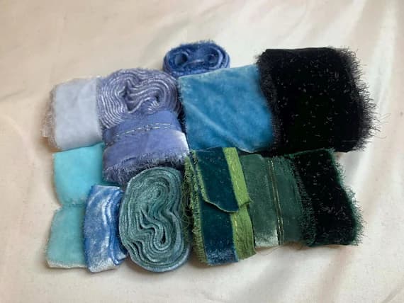 teal none - Hand Dyed Silk Velvet Fabric & Ribbon Remnant Lot Scrap Bag #132 Blue Teal Green