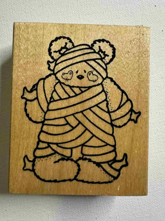 none - 2.75"x3.25" Mummy Bear Halloween Wood Mounted Rubber stamp. Item# L0454 By: Darcies Country Folk