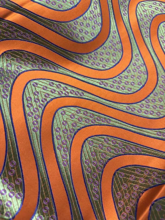 green brocade fabric - Orange & Green Waves Dots Geometric - Silk Brocade Fabric - 1/4 yard increments