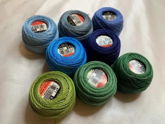 green none - lot of 8 DMC 116 8 Perle Cotton Thread Balls; Size 8 new #82 Green Blue
