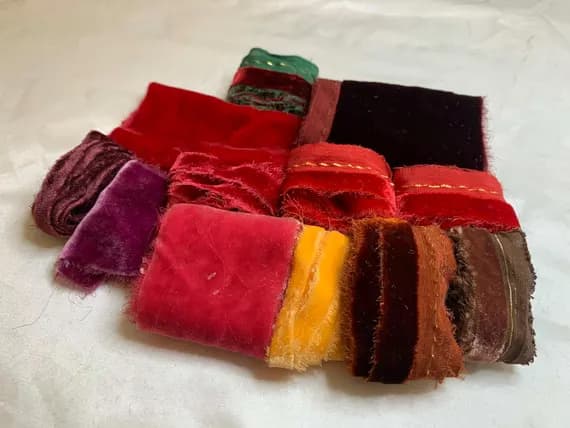 none - Hand Dyed Silk Velvet Fabric & Ribbon Remnant Lot Scrap Bag #17
