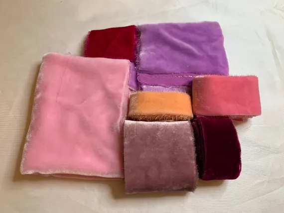 lilac none - Hand Dyed Silk Velvet Fabric & Ribbon Remnant Lot Scrap Bag #68 Pink Lilac