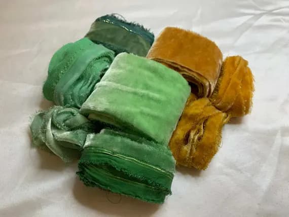 gold none - Hand Dyed Silk Velvet Fabric & Ribbon Remnant Lot Scrap Bag #14 Green and Gold