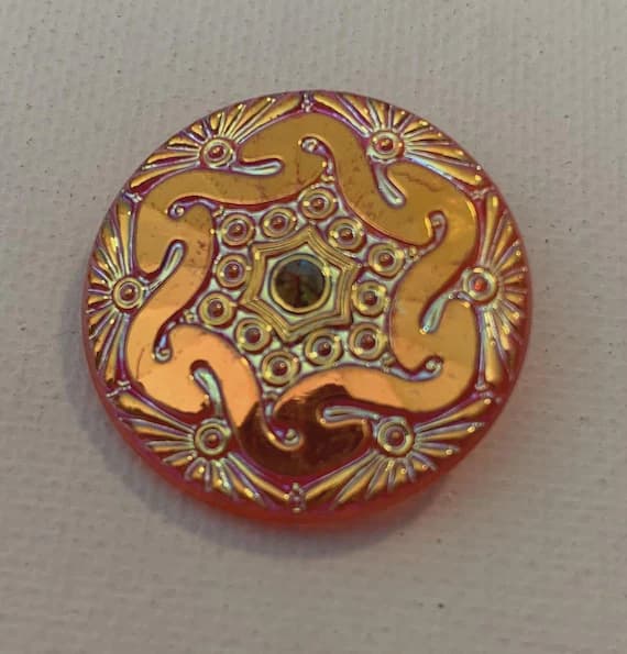 orange none - Iridescent Carnival Glass Orange Pinwheel Vintage Czech Glass Button 1-1/8"