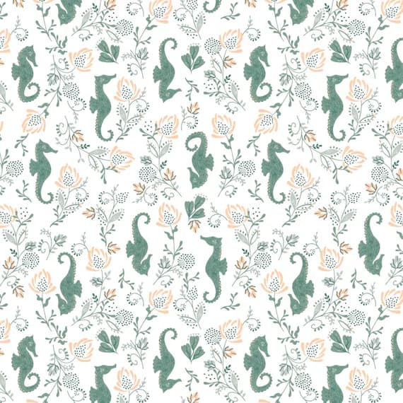 white cotton fabric - Beachside Pretty Seahorse White - Camelot Cotton Fabric