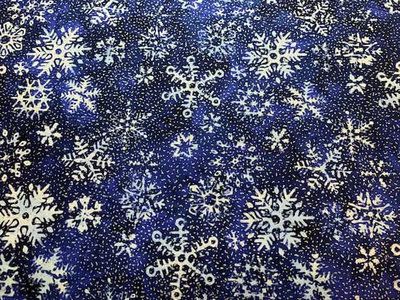 silver cotton fabric - 1/2 yard increments Blue Snowflakes with Metallic Silver Cotton Batik Fabric Vintage 90's OOP