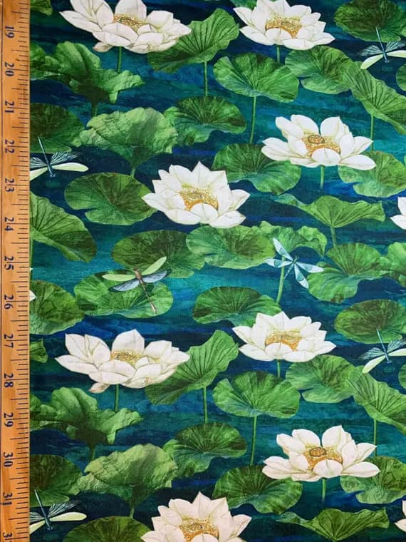 blue cotton fabric - Water Lilies Dark Blue; Tranquil Waters by Deborah Edwards for Northcott Cotton Fabric DP27208-48