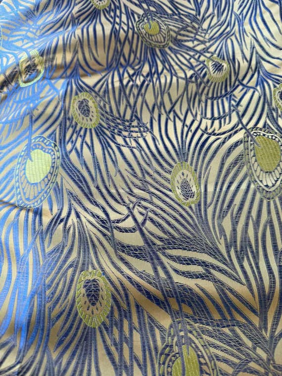 peacock brocade fabric - Gold with Blue Peacock Feathers - Faux Silk Brocade Jacquard Fabric