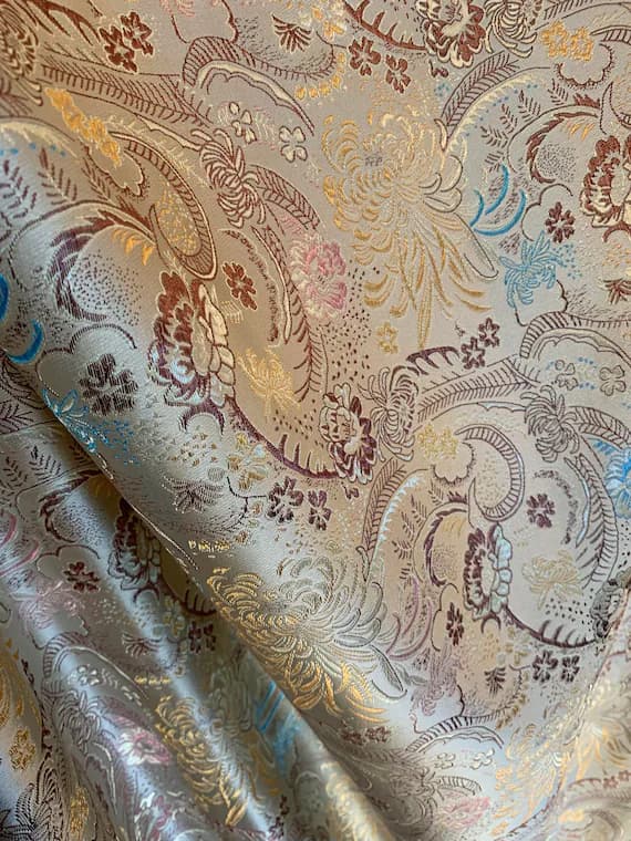 gold brocade fabric - Gold Mums Floral Flourish - Faux Silk Brocade Jacquard Fabric