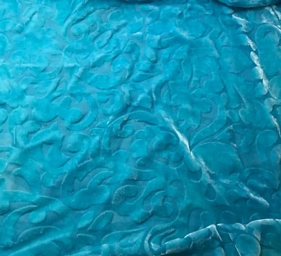 turquoise velvet fabric - TURQUOISE SCROLL - Hand Dyed Burnout Silk Velvet