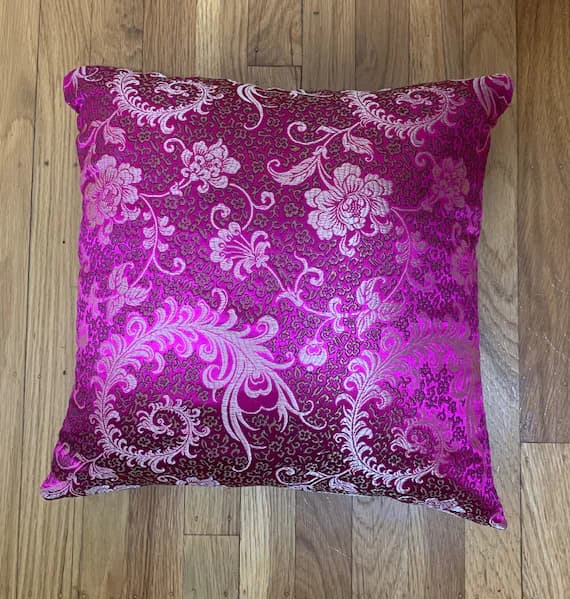 magenta velvet fabric - Silky Brocade Pillow Cover - Magenta Feather Floral - Handmade