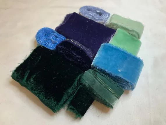 green none - Hand Dyed Silk Velvet Fabric & Ribbon Remnant Lot Scrap Bag #108 Blue and Green