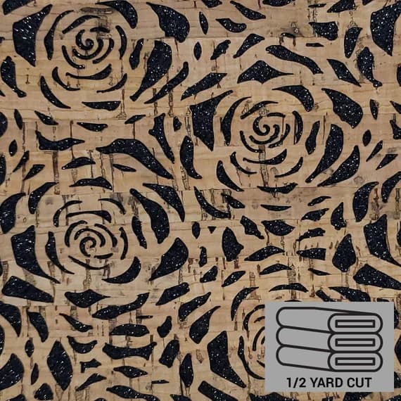 black fabric - Cork Fabric - Black Glitter Backed Roses - 1/2 Yard by Sallie Tomato