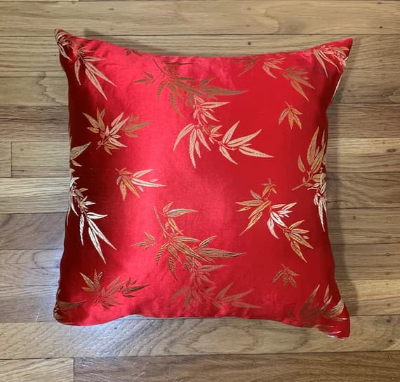gold velvet fabric - Silky Brocade Pillow Cover - Red & Gold Bamboo - Handmade