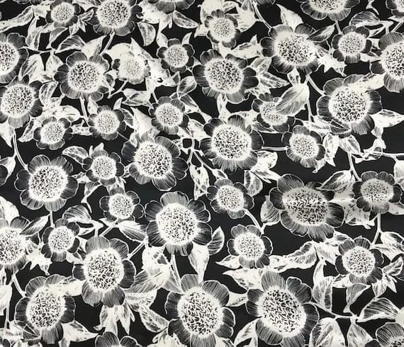 black charmeuse fabric - Black and White Flowers - Silk Charmeuse