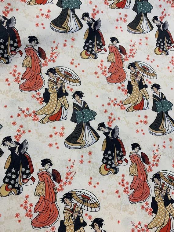 cotton fabric - Kimonos & Koi - Japanese Geisha - Paintbrush Studio Cotton Fabric