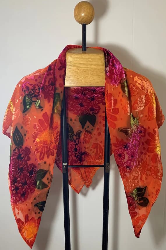 orange velvet fabric - Silk Velvet Shawl in Hand Painted Bright Orange Floral Burnout Handmade 34"x34"